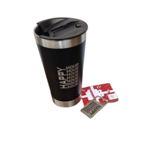Copo Térmico 500ml Preto com abridor Happy Hour