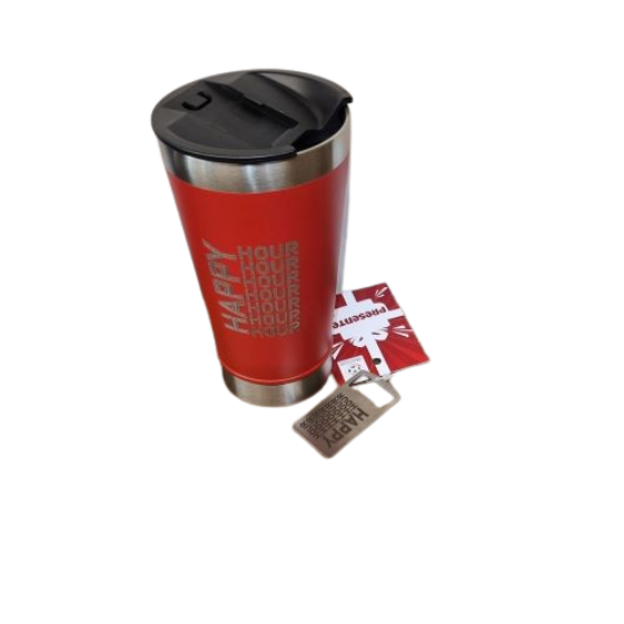 Copo Térmico 500ml vermelho com abridor Happy Hour